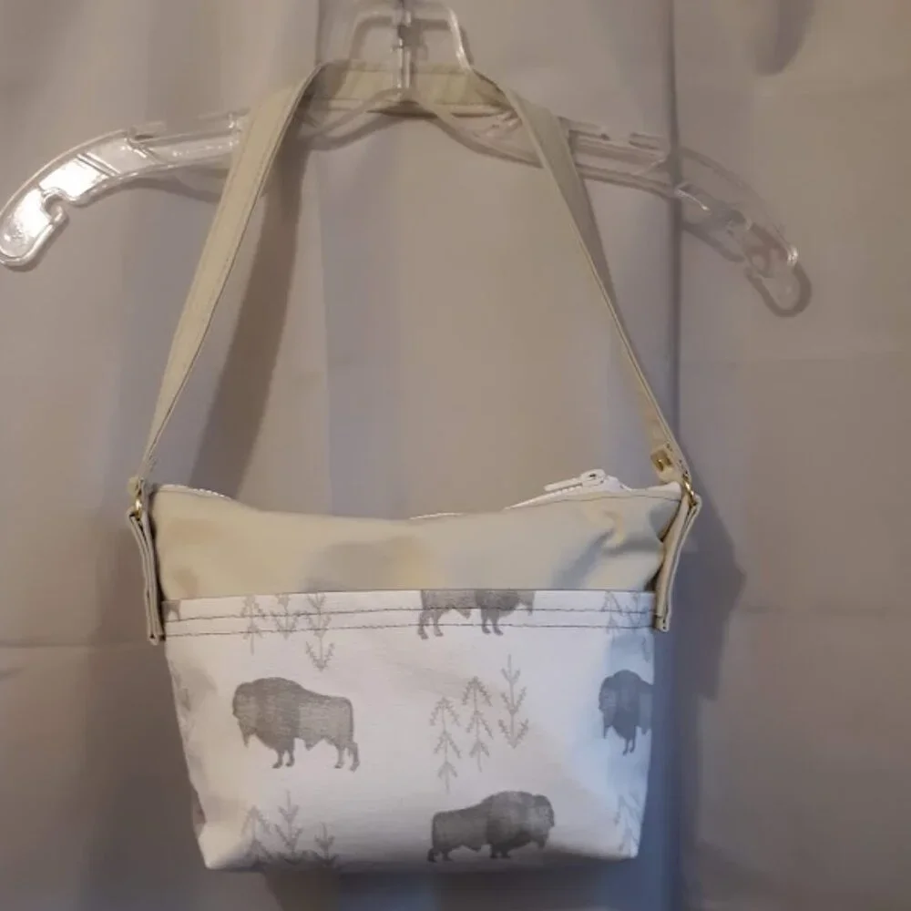NEW Southwestern Faux Leather & Canvas Buffalo print mini Tote bag Purse Ivory - Picture 4 of 10